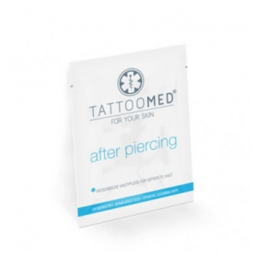 TattooMed® salvietta igienica per piercing, 1 pz. Salvietta igienica bianca TattooMed® per piercing su sfondo chiaro