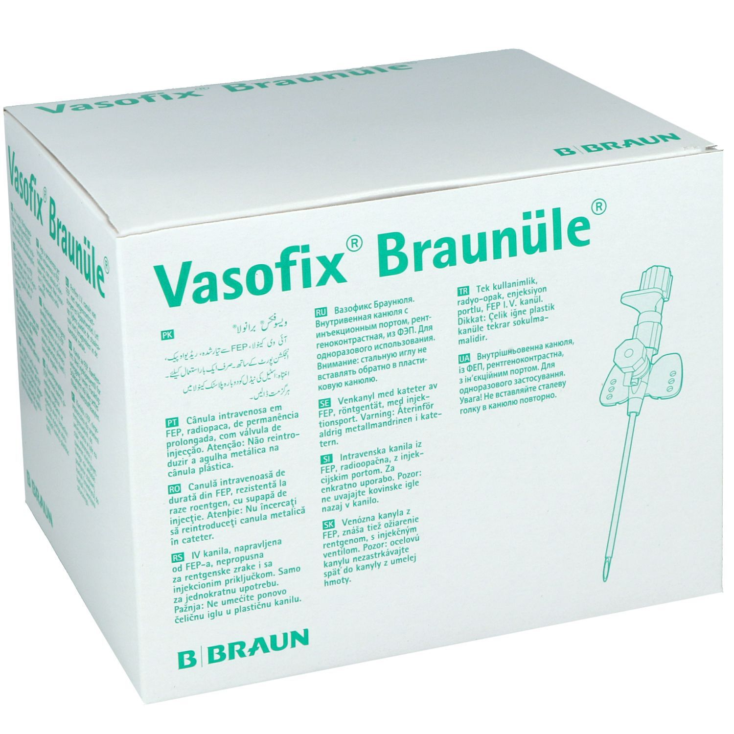 Vasofix Braunüle scatola di aghi per piercing Scatola bianca con scritta verde 'Vasofix Braunüle' e logo B. Braun
