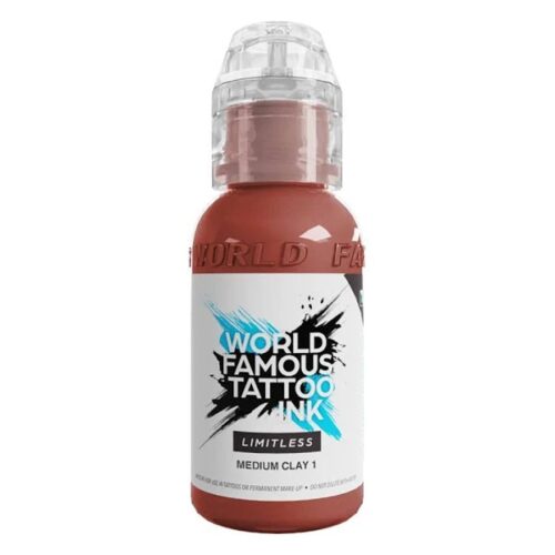 Bottiglia marrone e beige di World Famous Tattoo Ink Limitless Medium Clay 1 su sfondo bianco