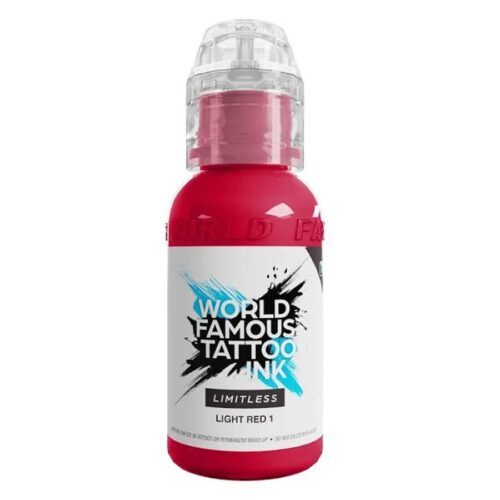 Inchiostro rosso per tatuaggi di World Famous Ink in flacone da 30ml su sfondo bianco