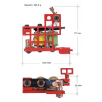 Kratek Red macchinetta per tatuaggi in rosso Kratek Red macchinetta per tatuaggi, rossa, vista laterale e superiore con misure