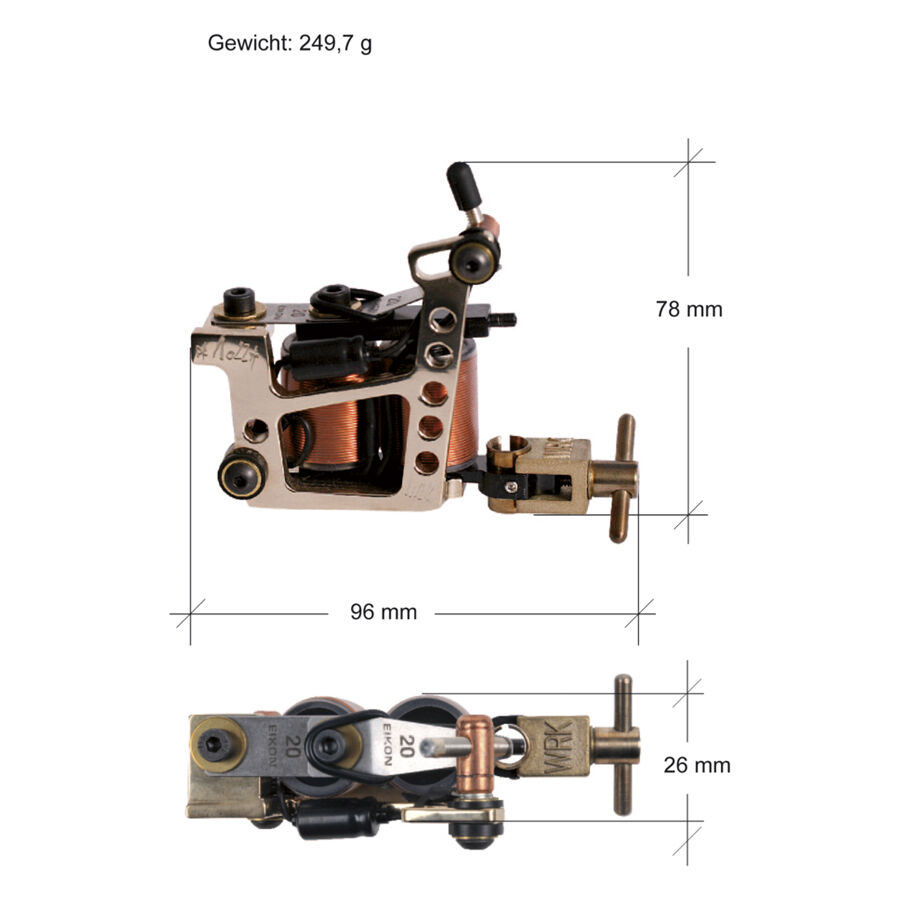 Macchina per tatuaggi Bronze Gun II con telaio in ottone Macchina per tatuaggi Bronze Gun II in ottone con bobina in rame su sfondo bianco