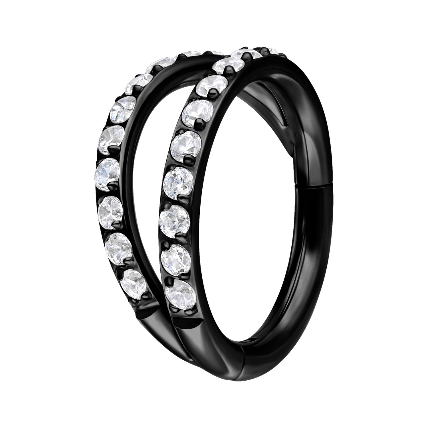 Clicker in titanio nero con doppia fila di cristalli su sfondo bianco