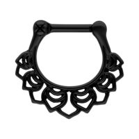 Clicker per setto nero con design floreale in acciaio chirurgico 316L su sfondo bianco