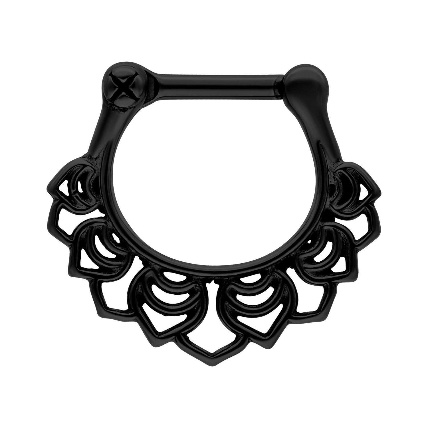 Clicker per setto nero con design floreale in acciaio chirurgico 316L su sfondo bianco