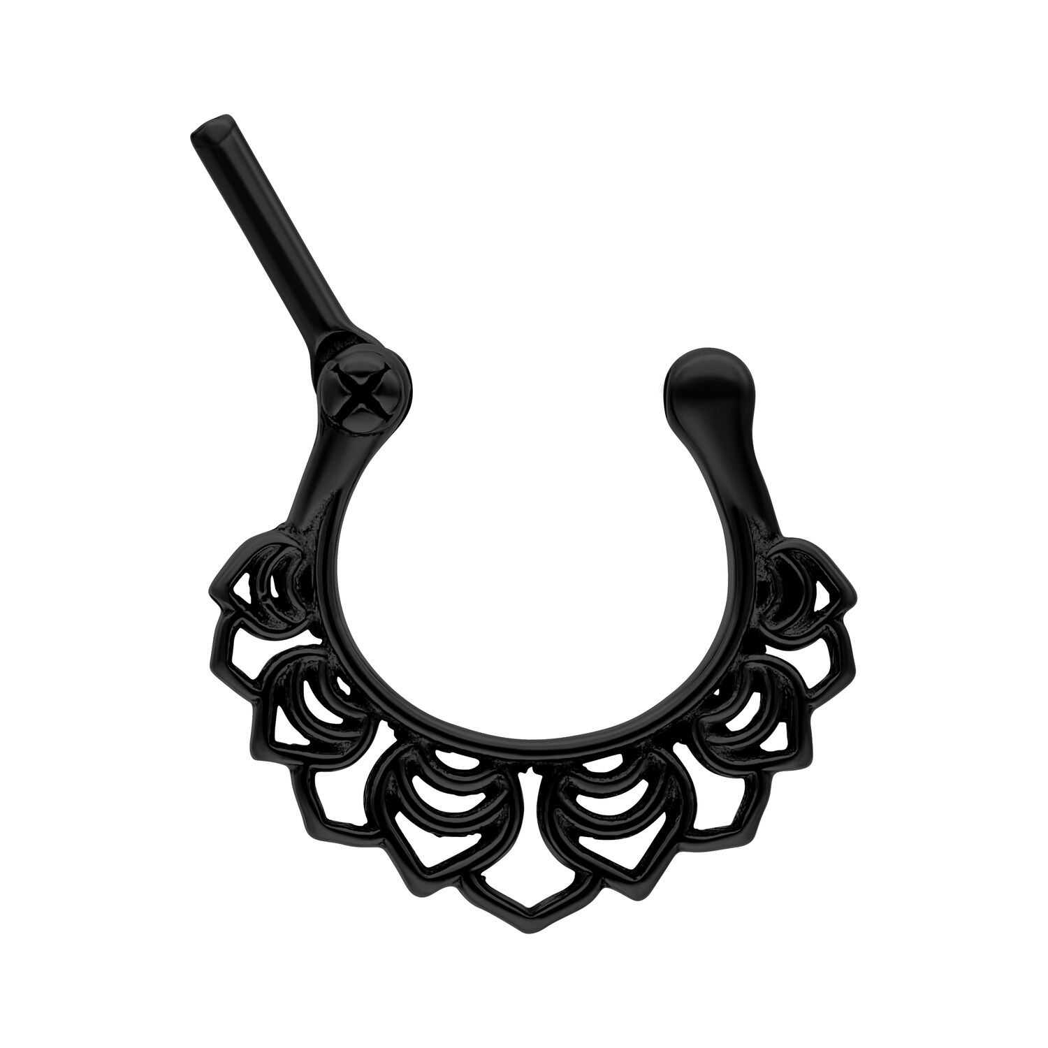 Clicker Setto Nasale Nero in Acciaio Chirurgico con design floreale su sfondo bianco