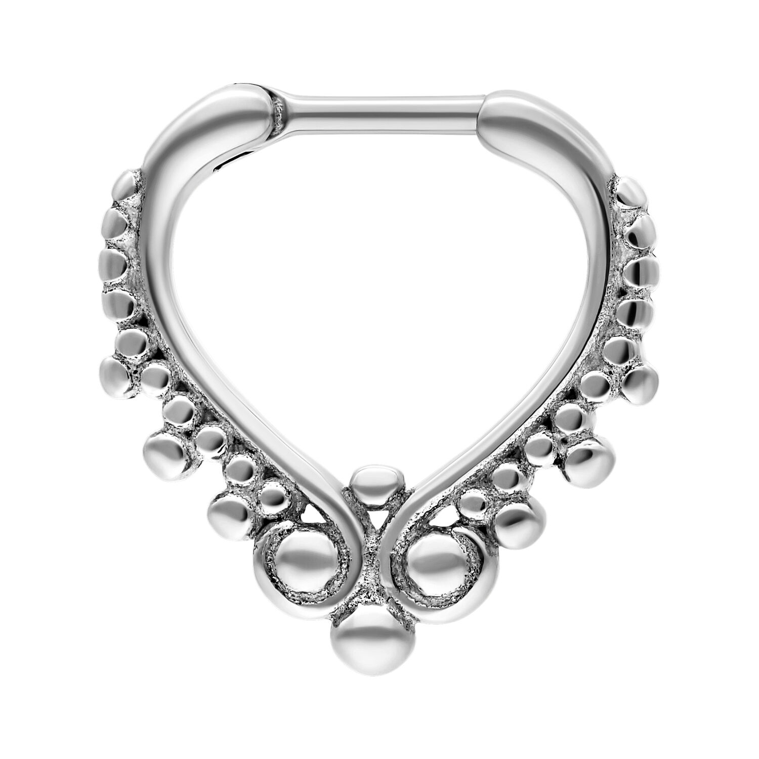 Wonderland Septum Clicker in argento acciaio Septum Clicker in argento acciaio chirurgico con design decorato su sfondo bianco