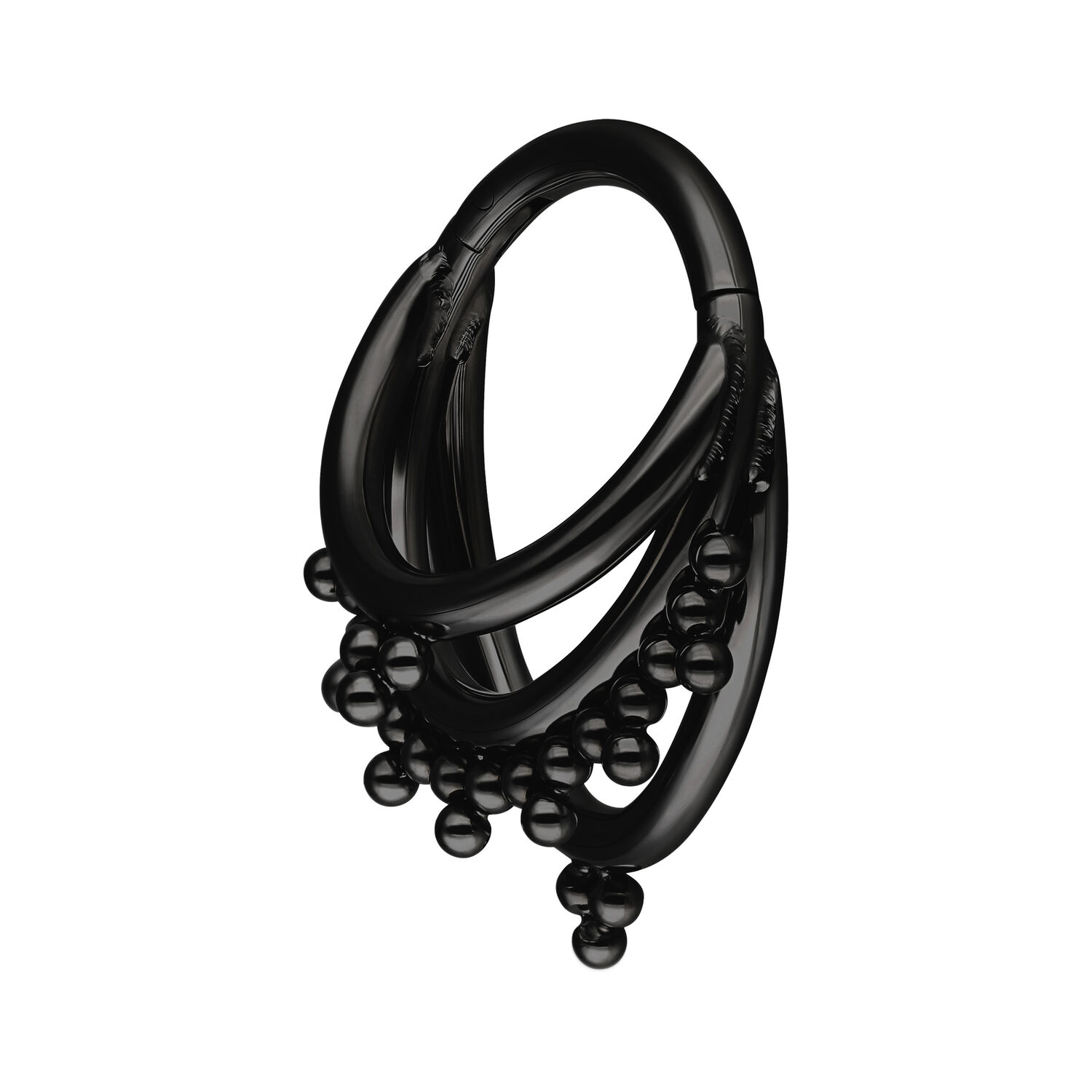 Anello piercing nero in titanio con design triplo e sfere su sfondo bianco