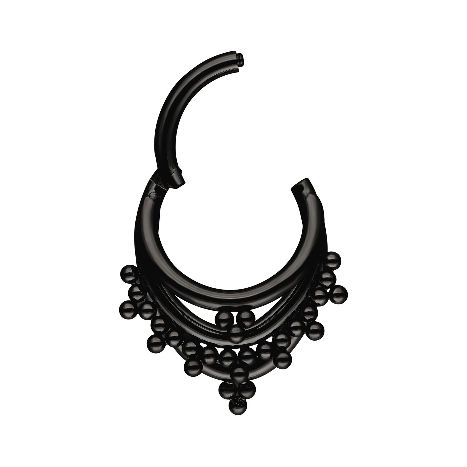 Anello piercing nero in titanio con archi tripli e decorazioni a sfera su sfondo bianco