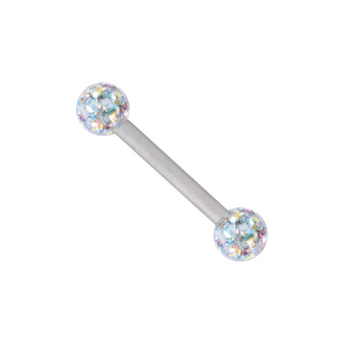 Barbell in titanio argentato con cristalli Aurora Boreale su sfondo bianco