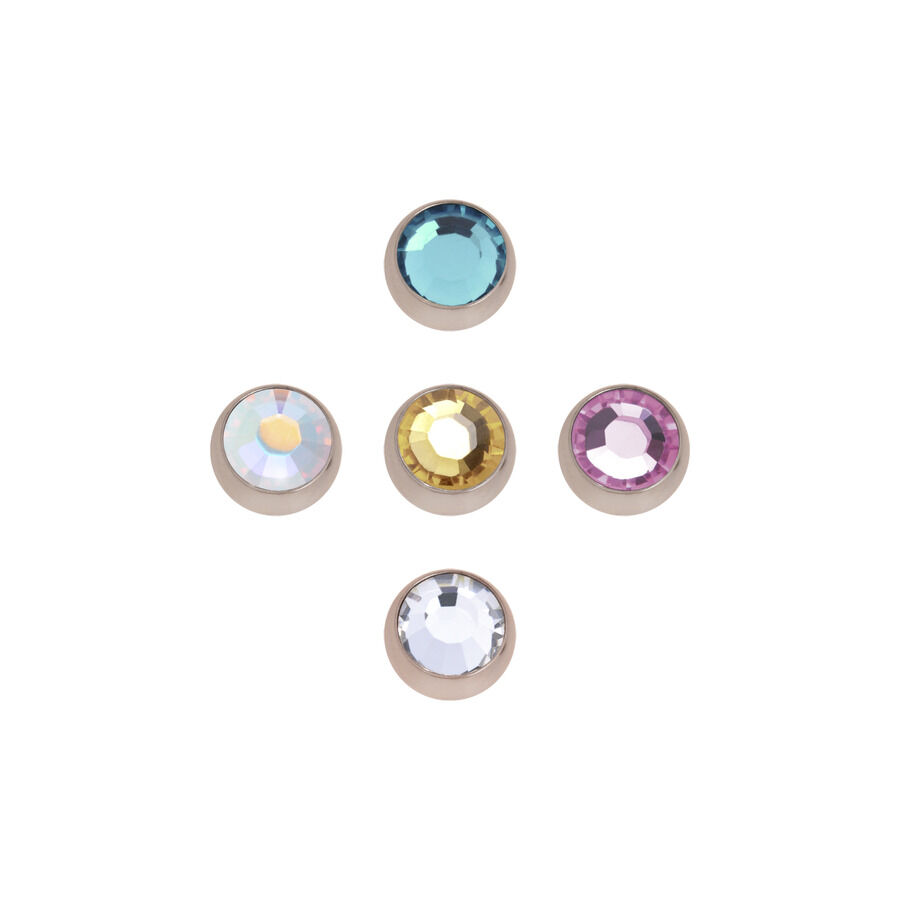 Sfera per piercing in oro rosa con cristallo Cinque sfere per piercing in oro rosa con cristalli di vari colori su sfondo bianco