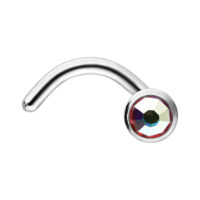 Piercing naso in argento con asta curva e cristallo Aurora Boreale sfaccettato su sfondo bianco