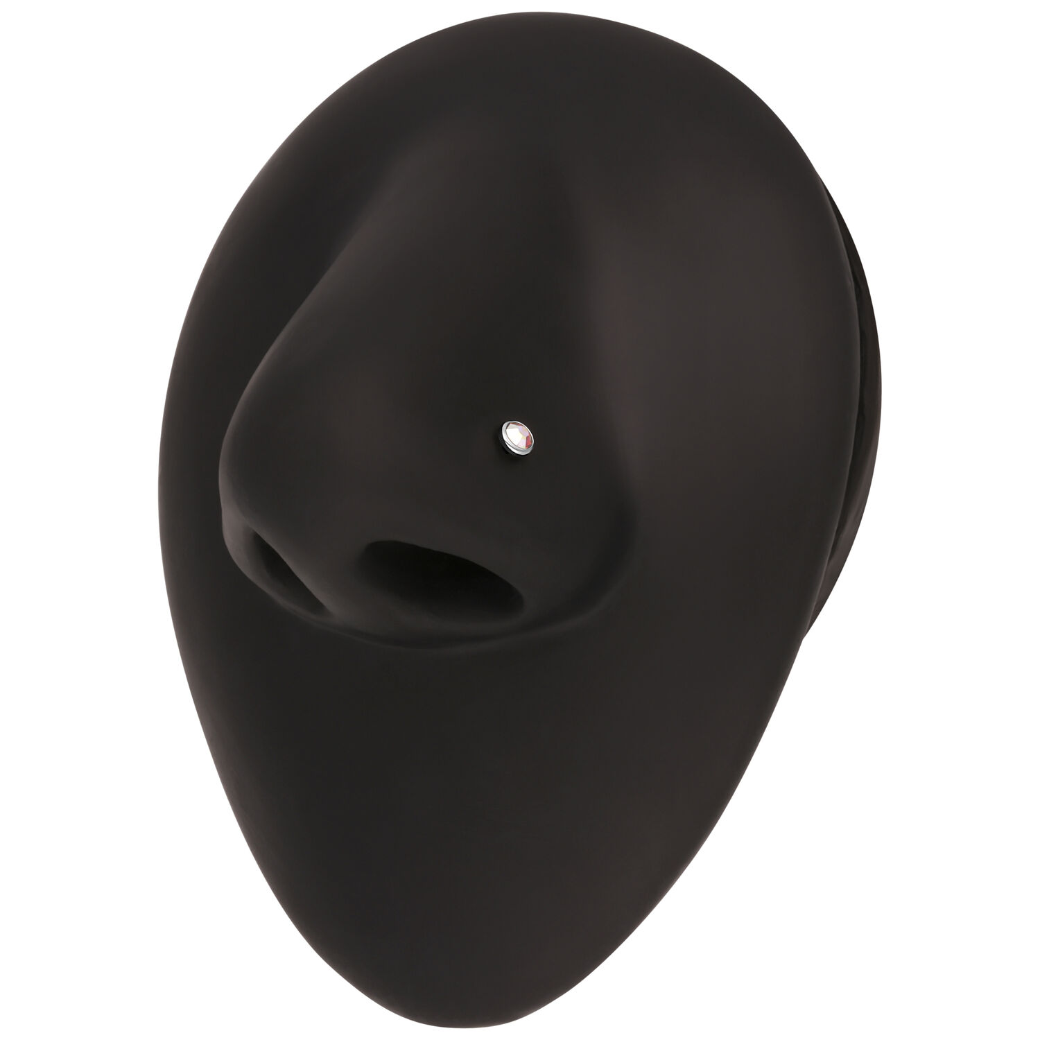 Piercing al naso nero, ovale con piccolo cristallo, sfondo bianco da studio