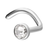Piercing nasale in argento con cristallo rotondo chiaro su sfondo bianco