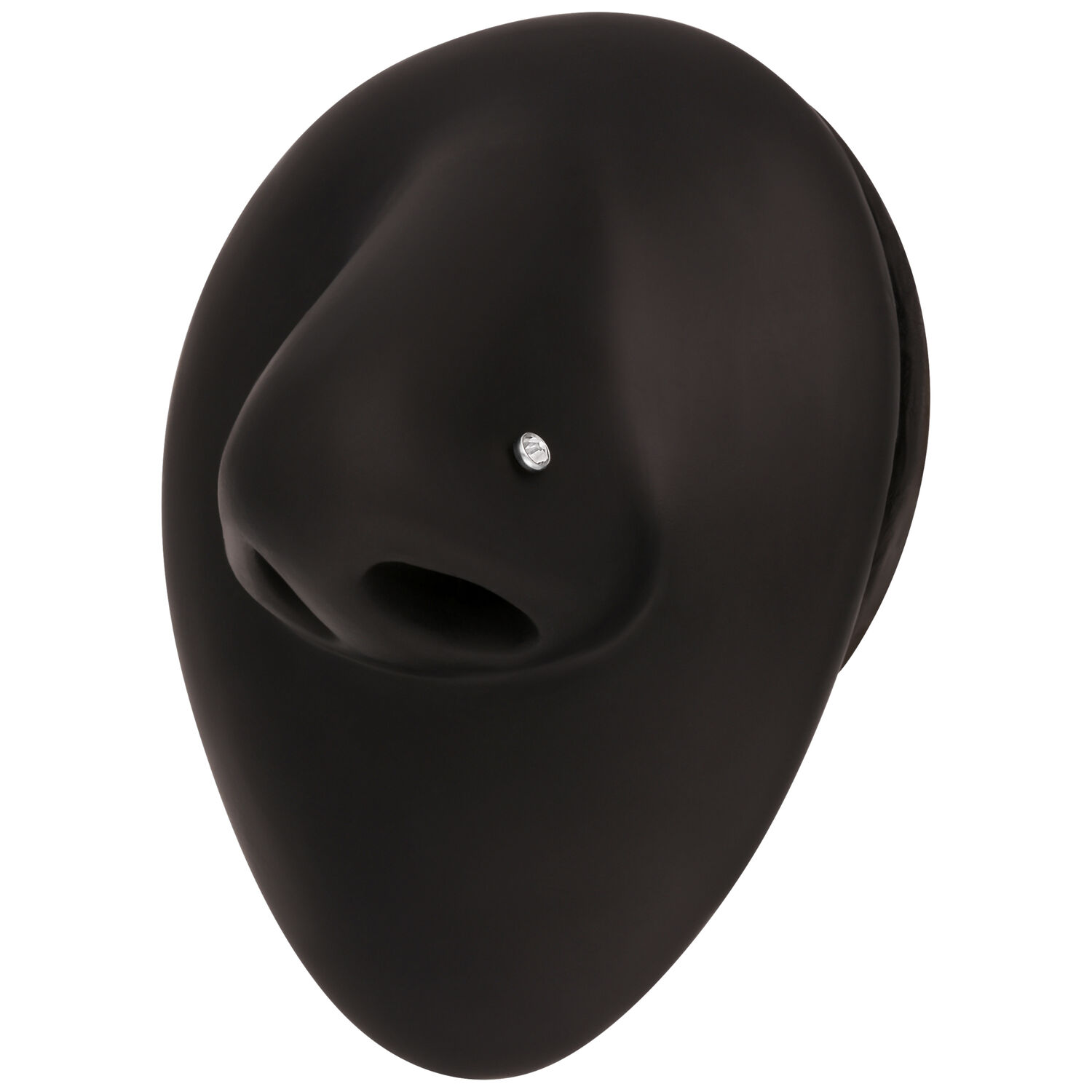 Testa nera con piercing nasale e cristallo chiaro su sfondo bianco