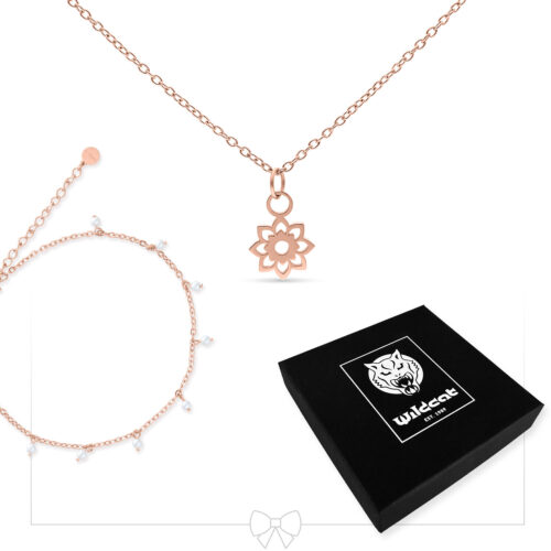 Collana in oro rosa con ciondolo a fiore, cavigliera con perle e scatola regalo Wildcat