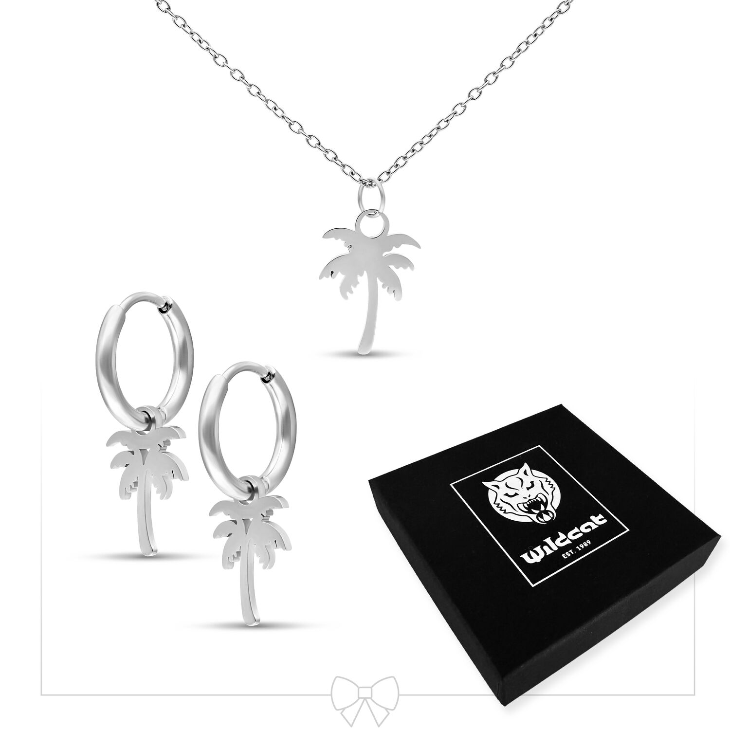 Collana e orecchini con palme in argento su sfondo bianco con confezione Wildcat