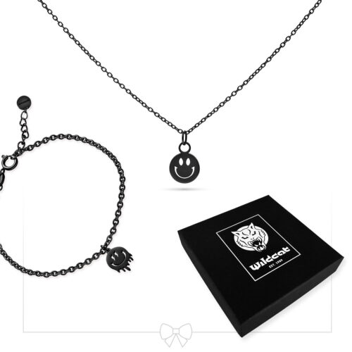 Set di collana e bracciale nero con ciondoli Smiley, scatola regalo nera